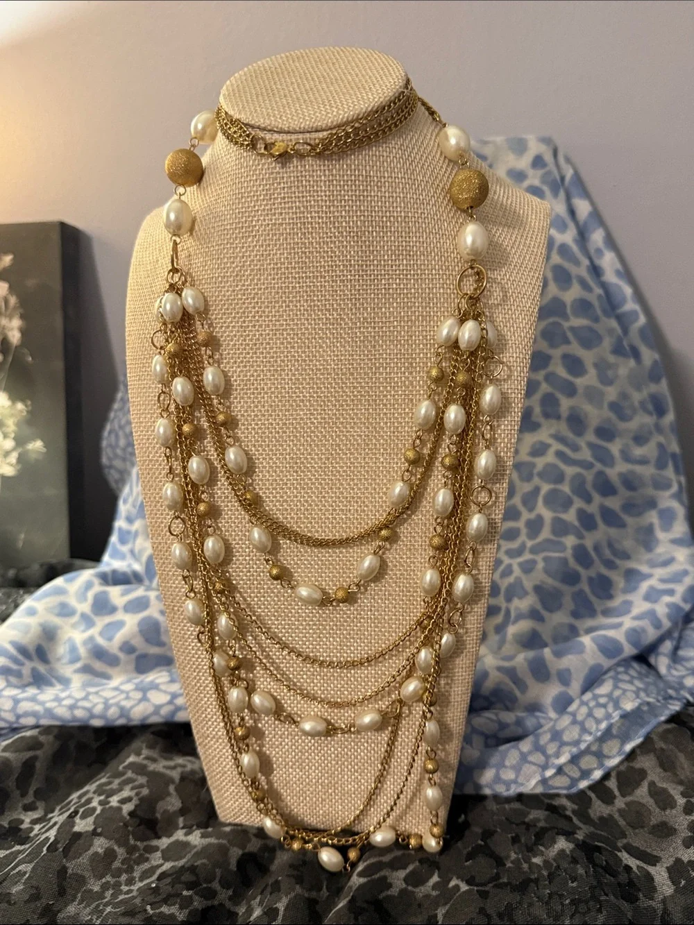 Gold Multi-Strand Pearl Beaded Necklace - Elegant Layered Design
